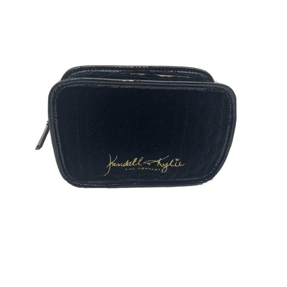 Kendall Kylie Black Velvet Cosmetic Bag Pouch Gold Zipper Crossbody Strap NEW
